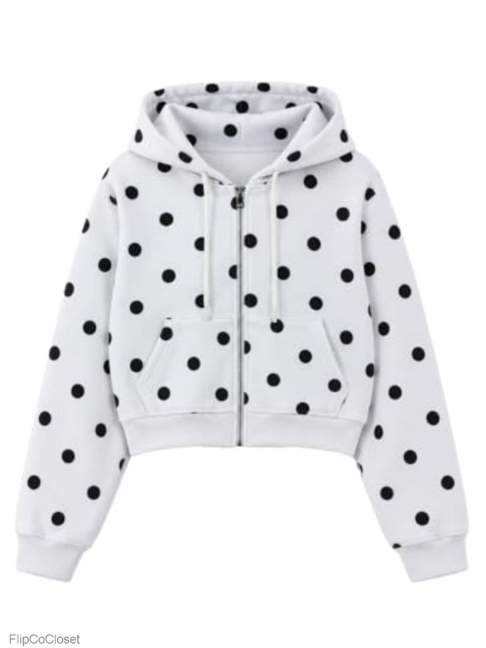 Fleece Lined Zip Up Crop Hoodie Polka Dot Drawstring Sweatshirt